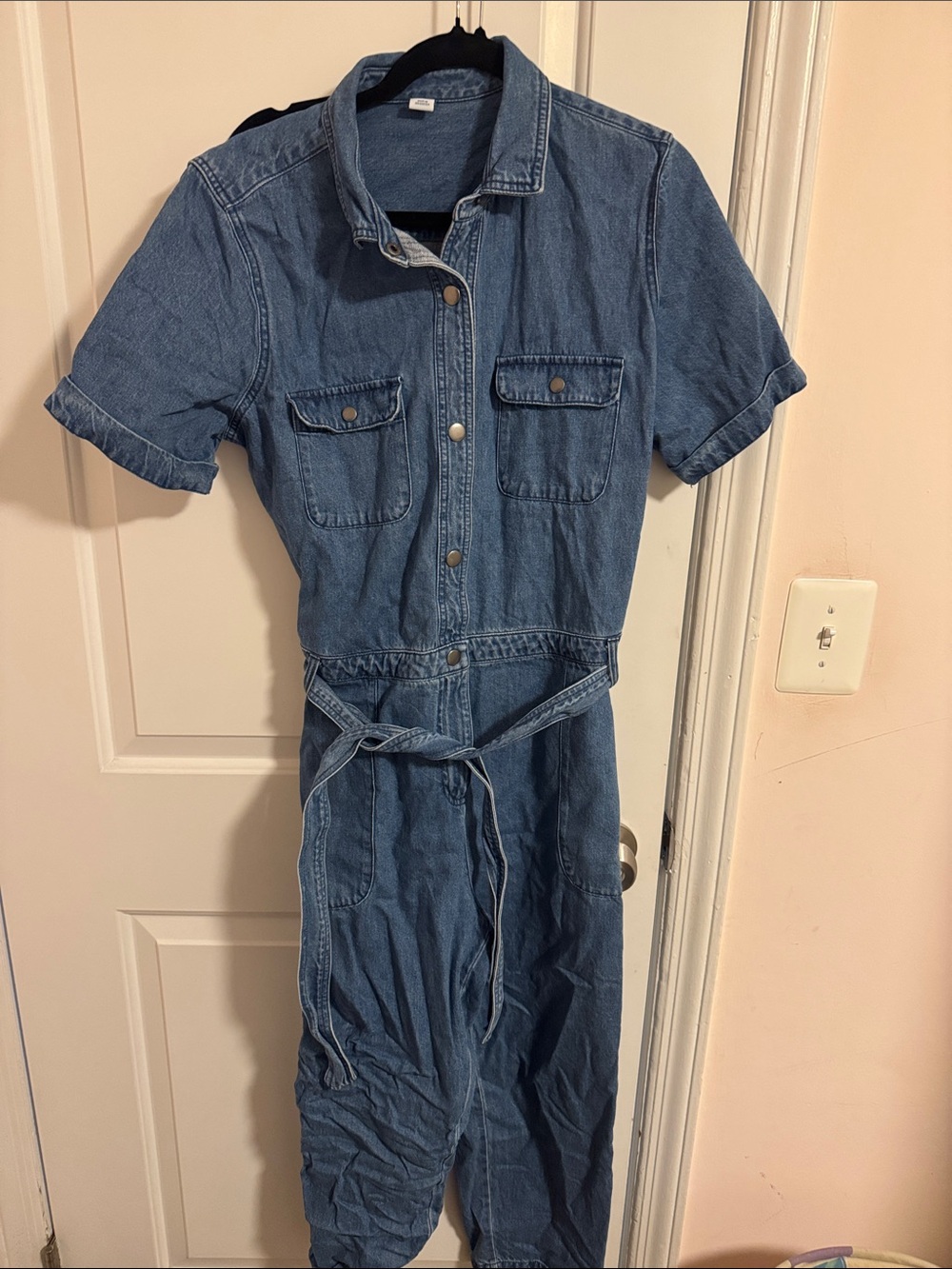 Old Navy Blue Denim Short-Sleeve Utility Jumpsuit with Tie Waist
